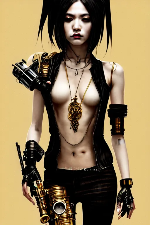 Image similar to soft lustrous ivory ebony geisha yakuza raver gutter punk gothic biotech steampunk cyborg, golden ratio, details, scifi, fantasy, cyberpunk, intricate, decadent, highly detailed, digital painting, octane render, artstation, concept art, smooth, sharp focus, illustration, art by artgerm, loish, wlop