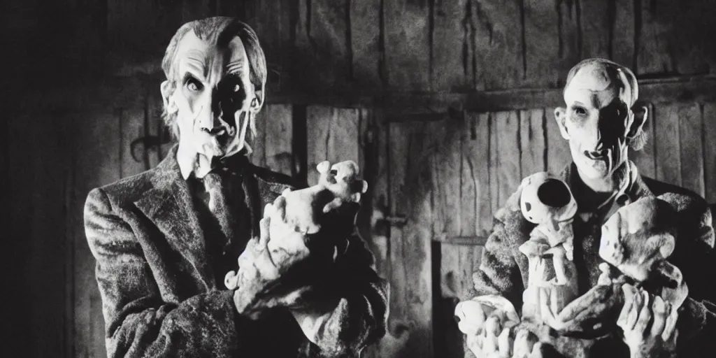 Image similar to film still of a horrid vampiric tall man hiding in a barnyard and clutching a doll, horror movie, eerie, creepy, grainy, dark, amazing lighting, great cinematography