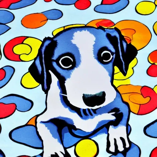 Image similar to blue 3 eyed puppy sitting on picnic blanket in the style of pop art