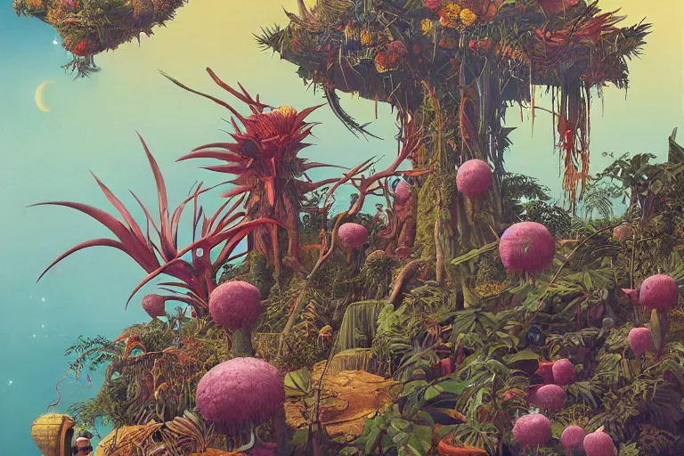 Image similar to evangelionic illustration, a lot of exotic vegetation, trees, tremendous pleasure, flowers, oldschool vintage sci - fi flat surreal design, super - detailed, oil painting by moebius, hd, 4 k, high quality