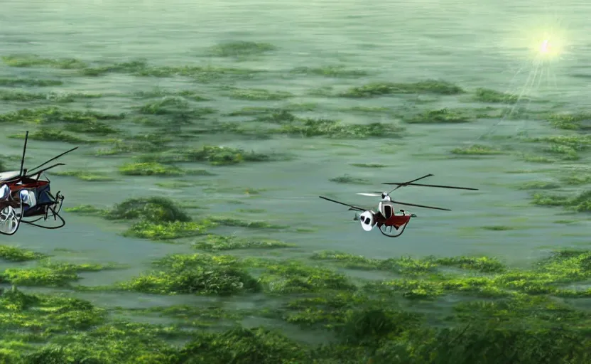 Image similar to a close - up detailed cell - shaded cartoon movie still from howl's moving castle ( 2 0 0 4 ) of a gyrocopter in a flooded rainforest valley. stonehenge is seen in the background with shafts of sunlight from above. very dull muted colors, hd, 4 k, hq