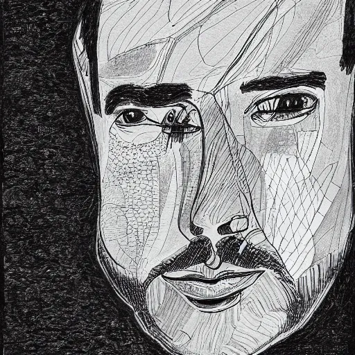 Prompt: a self portrait by karl kopinski. pen and ink drawing on bristol board