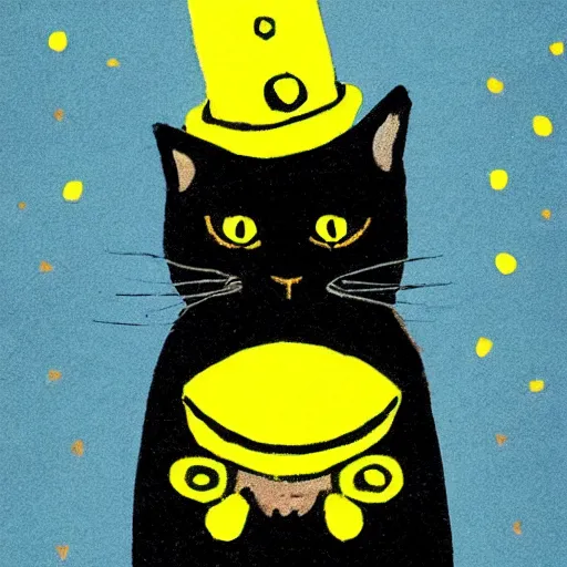 Prompt: a small cute black cat with big green and yellow eyes, wearing a tiny hat, cute art style,