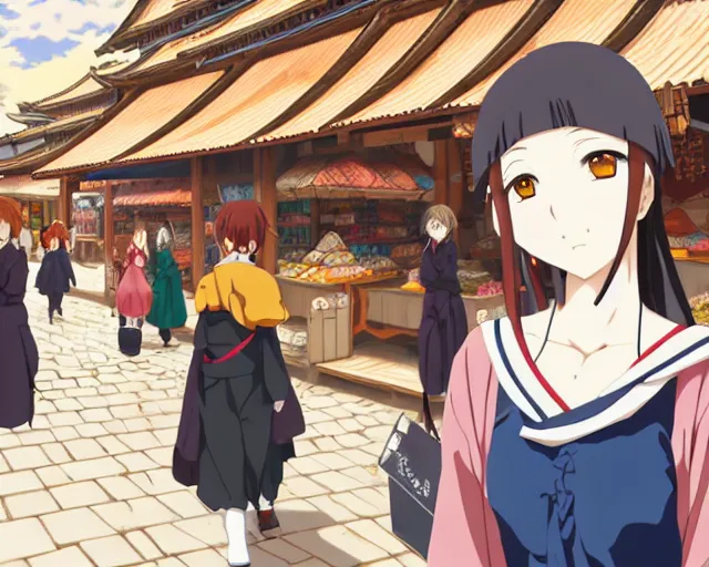 Image similar to anime visual, portrait of a young female traveler in an open medieval market shopping, cute face by katsura masakazu, yoh yoshinari, cinematic luts, cold studio lighting, dynamic pose, dynamic perspective, strong silhouette, anime cels, kyoto animation, cel shaded, rounded eyes