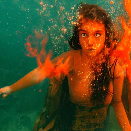 Image similar to woman covered in fire flames, underwater, 35mm film