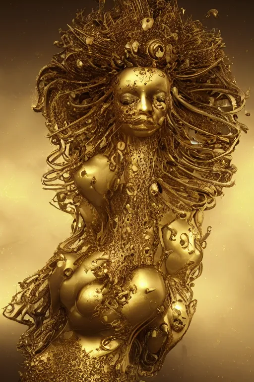 Prompt: portrait photo of a surreal goddess floating in the middle of a gold fluid simulation, ultra super good realistic 3D render by Pete Morbacher and Emil Melmoth, insanely detailed, trending on artstation, sharp focus