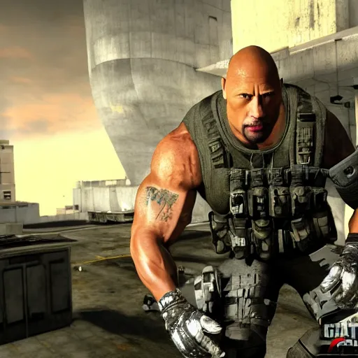 Image similar to dwayne the rock johnson, dwayne the rock johnson in the call of duty map highrise, modern warfare 2 highrise, screenshot