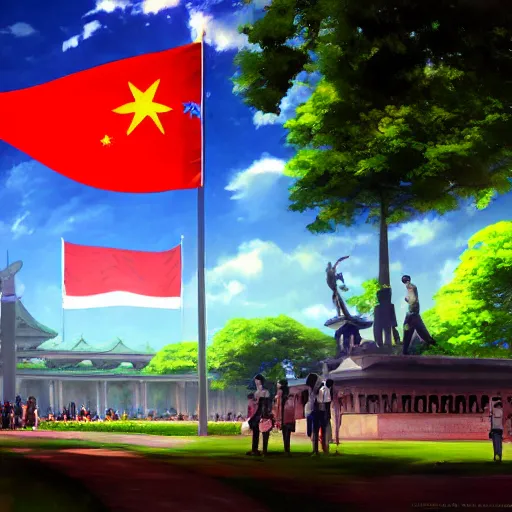 Prompt: rizal park with philippine flag futuristic, painting by makoto shinkai, featured on pixiv, deviantart hd