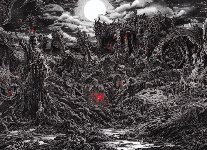 Prompt: a landscape of the hell by takeshi obata and mike mignola, hell, dragons, red and black colors, colors, abandoned buildings, trees with faces, night sky, highly detailed, cgsociety, artstation, very detailed