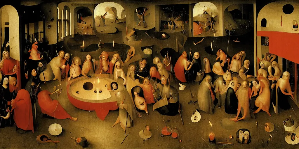 Image similar to a party at midnight, modern indoors, bay area, candles, hot tub, friendship, hope, art by hieronymus bosch
