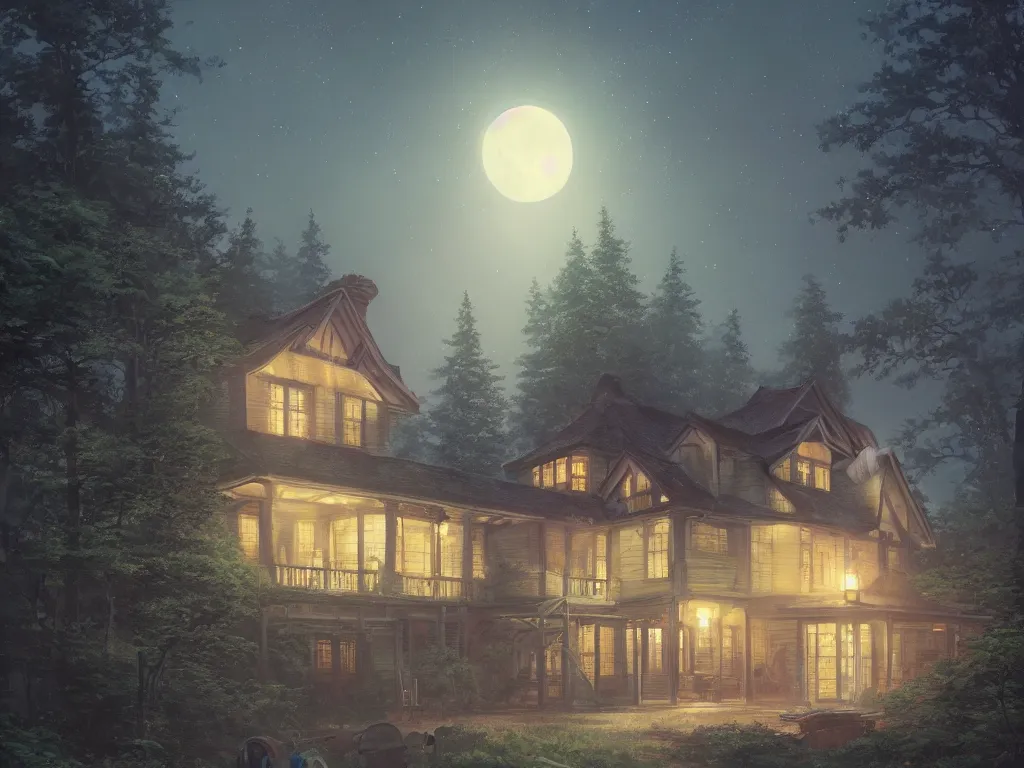 Prompt: A highly detailed matte painting of single house at night, moon, forest, by Studio Ghibli, Makoto Shinkai, by Artgerm, by WLOP, by Greg Rutkowski, volumetric lighting, octane render, 4K resolution, trending on artstation, masterpiece