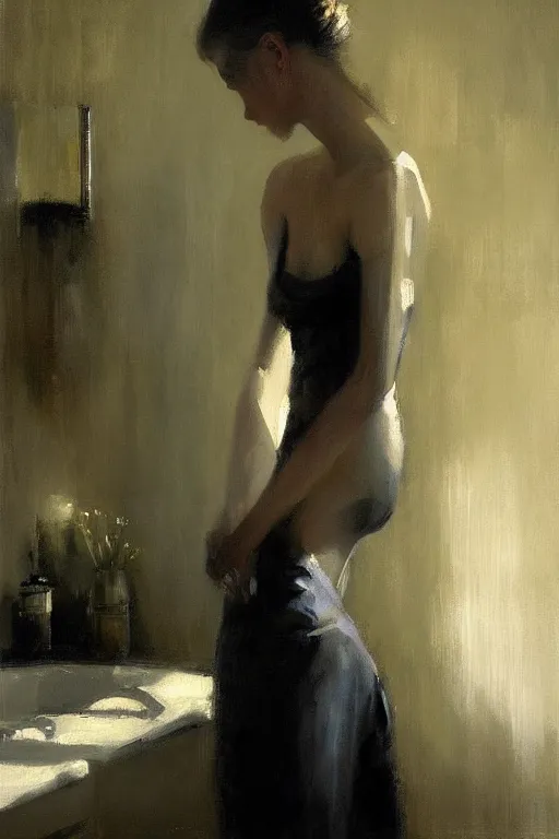 Prompt: a beautiful painting by christian hook of a woman in a bathroom, brushstrokes by jeremy mann, still life, dark colors