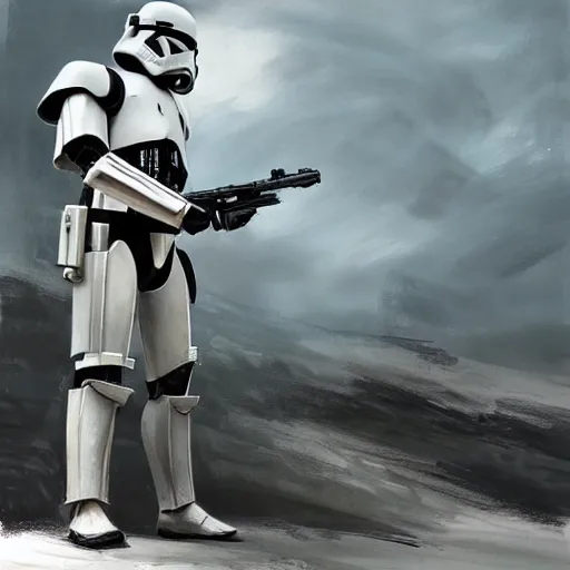 Prompt: far away shot of an imperial stormtrooper in battle position ready to shoot his blaster concept art by Doug Chiang cinematic, realistic painting, high definition, very detailed, extremely high detail, photo realistic, concept art, the Mandalorian concept art style