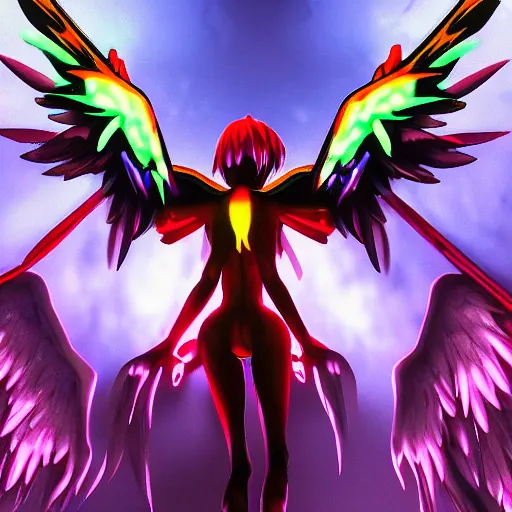 Prompt: evangelion biblical angel invaders with neon wings in a dim dark forest colorful 4 k path traced high definition detailed artstation realistic trending dramatic lighting dark and light contrast gothic pastel