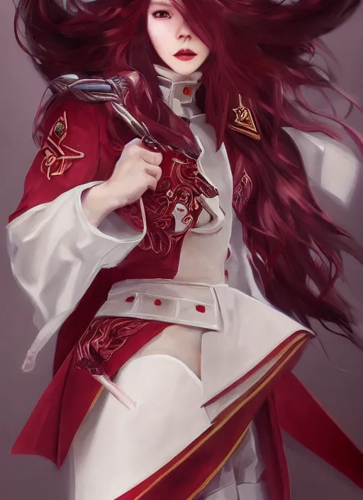 Prompt: a highly detailed illustration of beautiful long dark red haired japanese woman wearing wine red epaulette uniform and coat cape, dramatic wielding strings pose, intricate, elegant, highly detailed, centered, digital painting, artstation, concept art, smooth, sharp focus, league of legends concept art, wlop