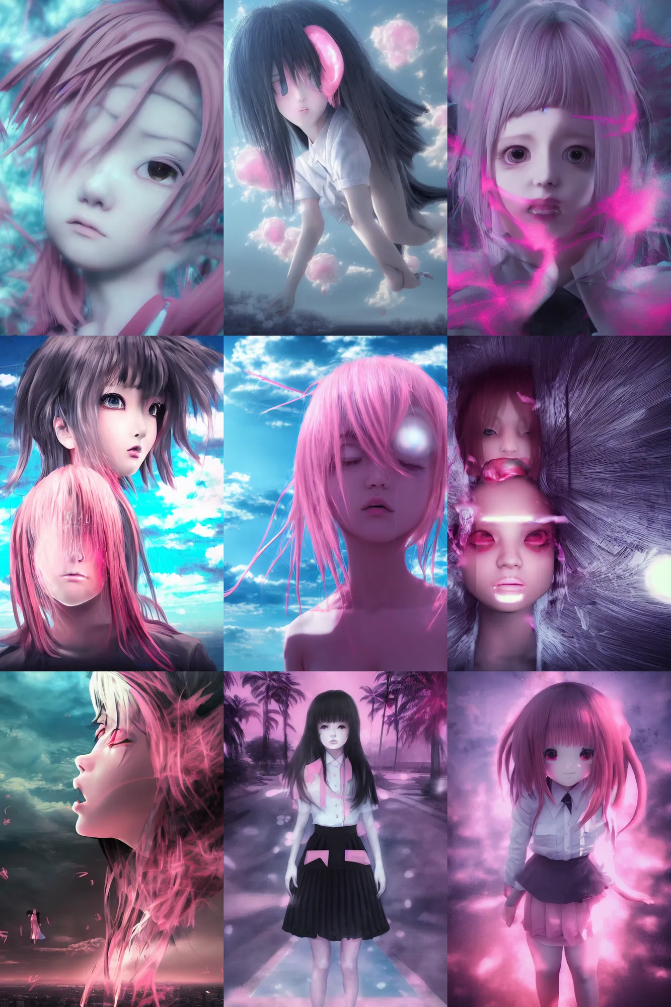 Prompt: 3d realistic dramatic infrared portrait photo in the style of dark anime two anime schoolgirls with a realistic face falling down from huge japanese skyscraper at night. There are pink palm trees and translucent glow jellyfish around. Volumetric composition. Pastel colors in the style of Hiro Kiyohara, redshift, octane, trend artstation, cinematic, hyper realism, high detail, 8k, 3d, polaroid