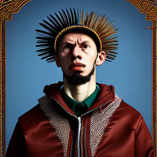 Image similar to Colour Brutal Caravaggio style Photography of Highly detailed brutal Gopnik with highly detailed face and wearing detailed retrofuturistic Ukrainian folk costume designed by Taras Shevchenko also wearing detailed retrofuturistic sci-fi Neural interface designed by Josan Gonzalez. Many details In style of Josan Gonzalez and Mike Winkelmann and andgreg rutkowski and alphonse muchaand and Caspar David Friedrich and Stephen Hickman and James Gurney and Hiromasa Ogura. Rendered in Blender and Octane Render volumetric natural light