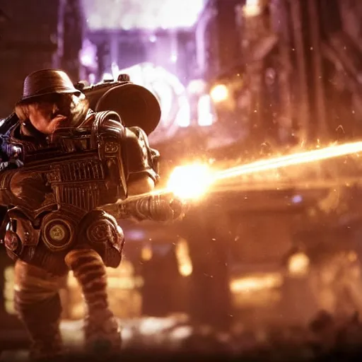 Image similar to 'willy wonka' in gears of war, splash art, movie still, cinematic lighting, dramatic, octane render, long lens, shallow depth of field, bokeh, anamorphic lens flare, 8k, hyper detailed, 35mm film grain