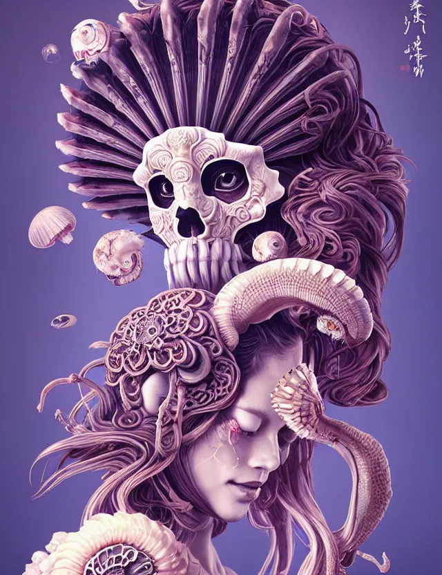 Image similar to 3 d goddess ram skull half - turn portrait with long hair with ram skull. beautiful intricately detailed japanese crow kitsune mask and clasical japanese kimono. betta fish, jellyfish phoenix, bio luminescent, plasma, ice, water, wind, creature, artwork by tooth wu and wlop and beeple and greg rutkowski