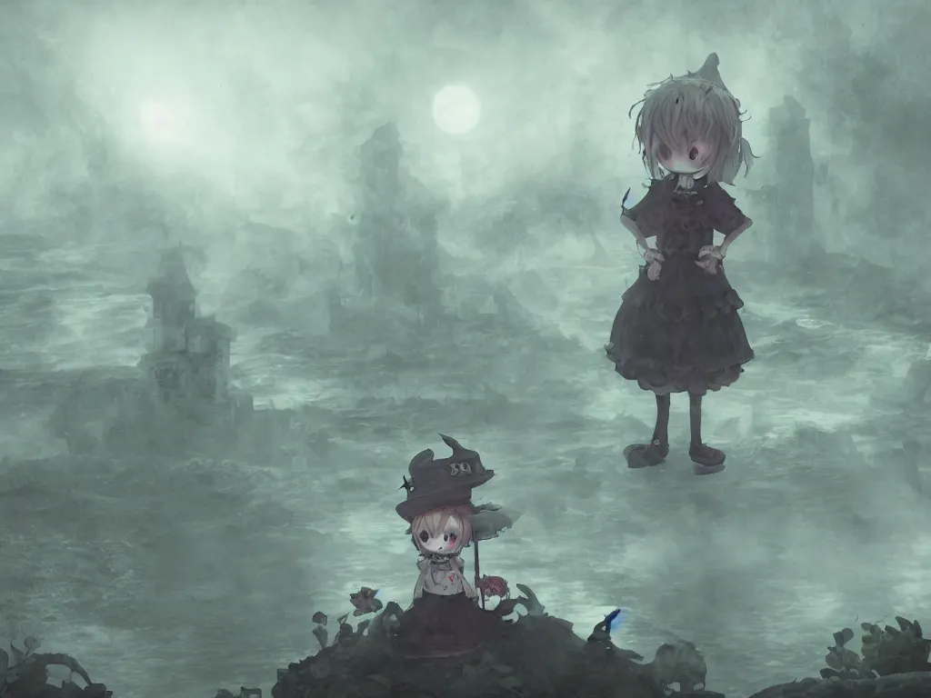 Prompt: cute fumo plush girl witch on a tiny island of concrete brutalist ruins surrounded by murky river water, river styx, cursed otherworldly chibi gothic horror wraith maiden, lost in the milky void, hazy heavy magical glowing swirling murky volumetric fog and smoke, moonglow, lens flare, vray