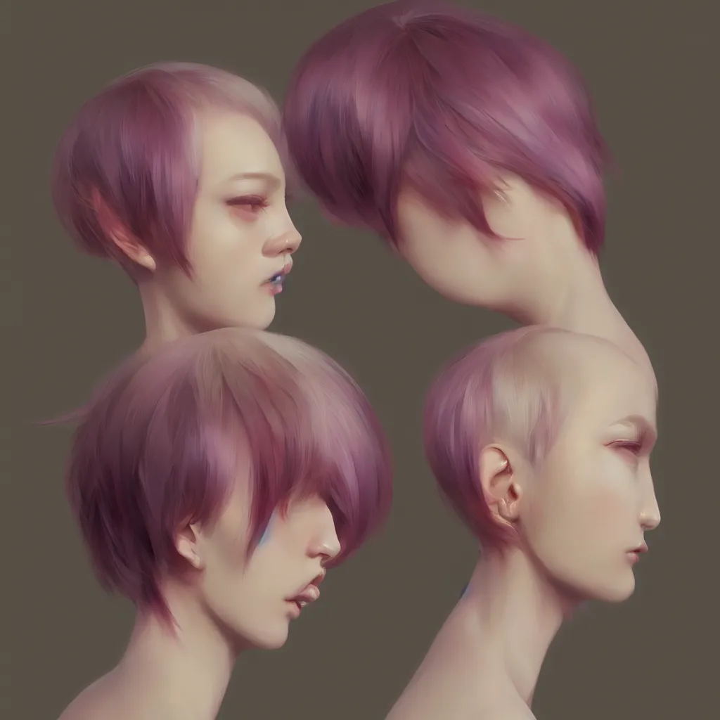 Prompt: detailed portrait of a cute woman vibrant pixie hair by yanjun cheng and hsiao - ron cheng and ilya kuvshinov, 3 / 4 profile, portrait photography, rim lighting, realistic eyes, photorealism pastel, illustration