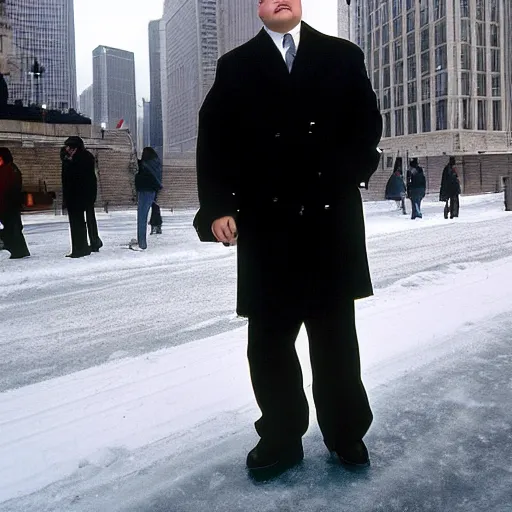 Prompt: 1 9 9 8 andy richter wearing a black wool coat and necktie slipping on ice in the streets of chicago at 3 pm in winter.
