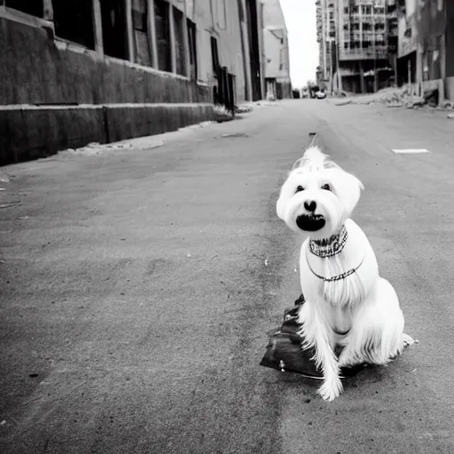 Prompt: a white schnauzer dog with spreaded wings sitting on the street of an abandoned dystopic city, hyprrealism, 5 5 mm photo