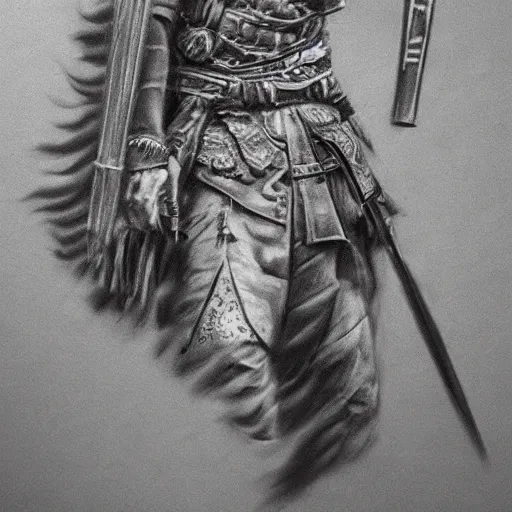 Image similar to Kurdish samurai, extremely detailed charcoal sketch, realistic, incredibly detailed, award winning art, cinematic, extremely high detail, concept art, 4k fantasy art, trending on artstation, full body shot