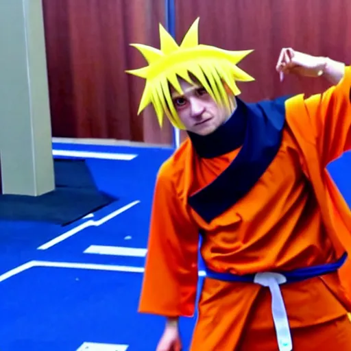 Image similar to volodymyr zelensky is dressed as hokage from the anime naruto