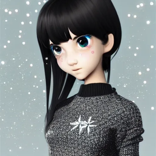 Prompt: beautifully pretty surfer girl, 2 2 years old, black sweater, grey checkered skirt, very cute features, glittery short black hair, blue eyes, universal volumetric lighting, soft glow, by range murata, highly detailed intricately sharp focus, trending on pinterest, unreal engine 5 4 k uhd image