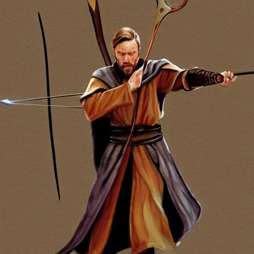 Prompt: Obi Wan Kenobi as a dungeons and dragons character with a bow and arrow, watercolor, trending on artstation