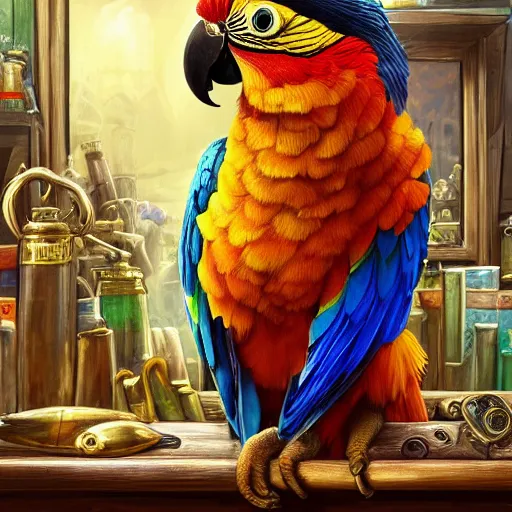 Prompt: Anthropomorphized parrot trader in his shop, selling his wares, portrait, items, gold, magic potions, carpet, window, sly expression , cunning expression, cute expression, long thick shiny gold beak, presenting wares, holding a gold bag, D&D, fantasy, cinematic lighting, highly detailed, digital painting, artstation, concept art, smooth, sharp focus, illustration, warm light, cozy warm tint, magic the gathering artwork, volumetric lighting, 8k, art by Akihiko Yoshida, Greg Rutkowski