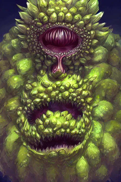 Image similar to a humanoid figure artichoke monster with large sphere eyes and a voracious mouth, highly detailed, digital art, sharp focus, trending on art station, plant, anime art style