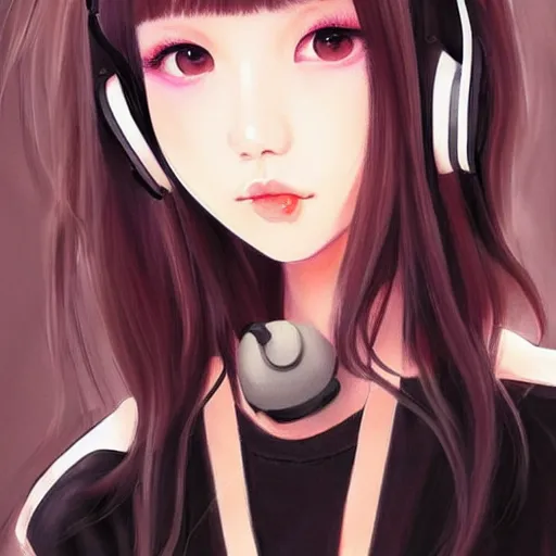 Image similar to realistic beautiful gorgeous natural cute Blackpink Lalisa Manoban black hair fur black cat ears, wearing white camisole summer outfit, headphones, black leather choker artwork drawn full HD 4K highest quality in artstyle by professional artists WLOP, Aztodio, Taejune Kim, Guweiz on Pixiv Instagram Artstation