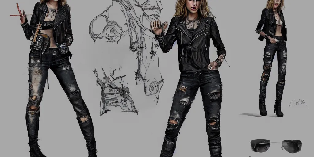 Image similar to full body portrait halston sage as a tattooed wanderer, wearing scratched and ripped short leather jeans, wearing an aviator jacket, character sheet, fine details, props, concept design, contrast, kim jung gi, greg rutkowski, trending on artstation, 8 k, full body, turnaround, front, back, ultra wide angle