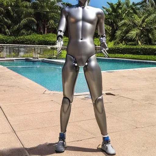 Image similar to “a realistic detailed photo of a guy who is an attractive humanoid who is half robot and half humanoid, who is a male android, twitch streamer Ninja Tyler Blevins, shiny skin, posing like a statue, blank stare, by the pool as a pool boy , display”