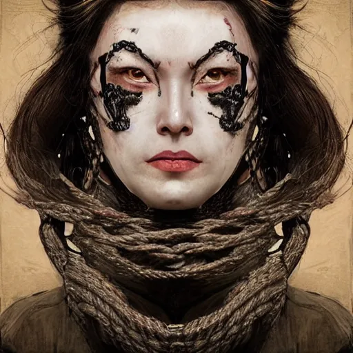 Image similar to portrait of a Shibari rope wrapped face and neck, headshot, insanely nice professional hair style, dramatic hair color, digital painting, of a old 15th century, old cyborg merchant, amber jewels, baroque, ornate clothing, scifi, realistic, hyperdetailed, chiaroscuro, concept art, art by Franz Hals and Jon Foster and Ayami Kojima and Amano and Karol Bak,