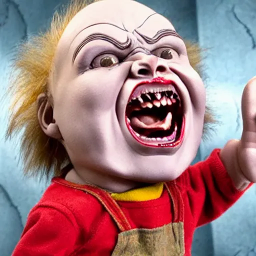 Image similar to chucky doll screaming at george rr martin