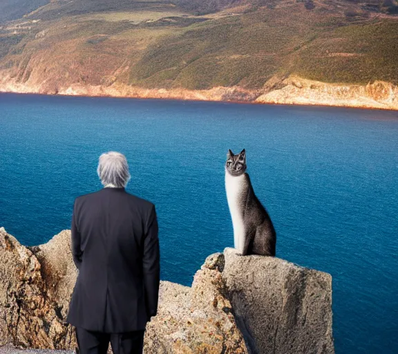 Prompt: a slender grey cat standing on a cliff overlooking a beach. hyper realistic and anamorphic 2 0 1 0 s movie still of giovanni falcone, by paolo sorrentino, leica sl 2 3 0 mm, beautiful color, high quality, high textured, lens flare, refined face and muzzle.