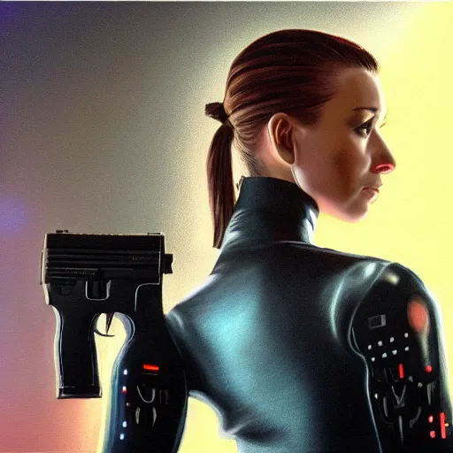 Image similar to painting of female wearing a skintight leather jacket with cybernetic enhancements holding a glock, full view, popular on artstation, artstationhd, artstationhq 8 k, volumetric lighting, super focused, no blur, trending on artstation, artstationhd, artstationhq, ultra detailed, by artgerm and james gurney, greg rutkowski,