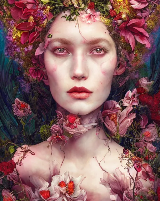 Prompt: portrait of the redskin queen of the underworld, surrounded by flowers by karol bak, james jean, tom bagshaw, rococo, sharp focus, trending on artstation, cinematic lighting, hyper realism, octane render, 8 k, hyper detailed.