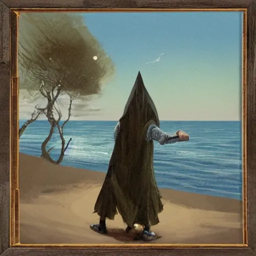 Prompt: headless wizard by the sea shore