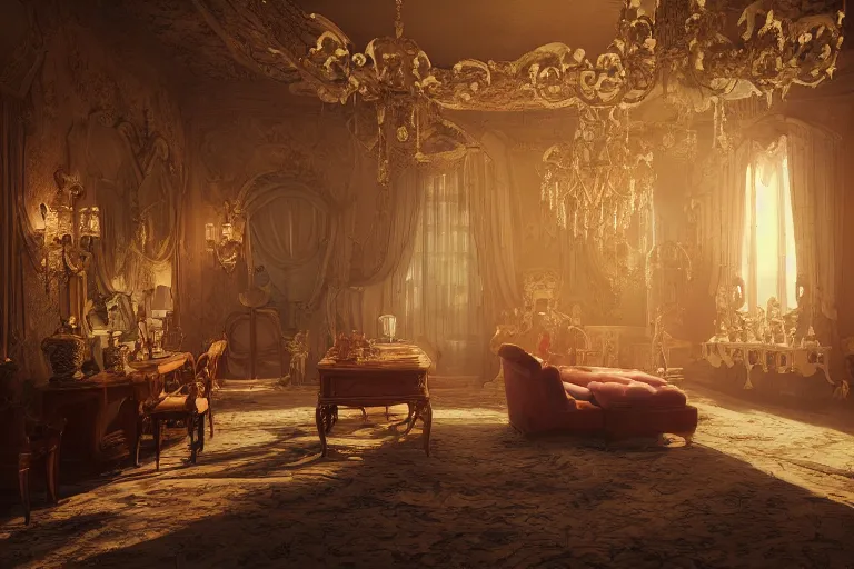 Image similar to a storybook illustration of inside a mansion rooms, hyper realistic, ambient lighting, concept art, intricate, hyper detailed, smooth, dynamic volumetric lighting, octane, raytrace, cinematic, high quality, high resolution, 4 k