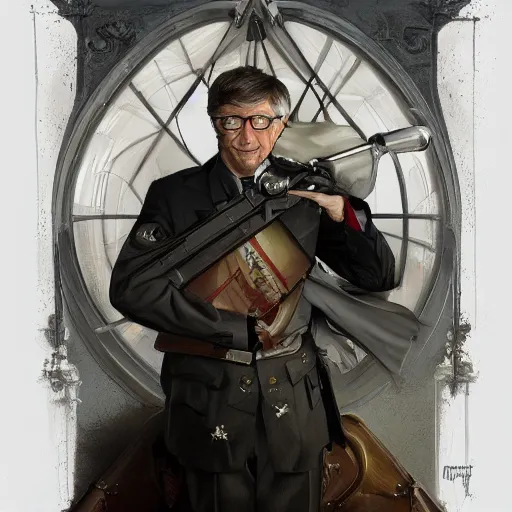 Image similar to portrait of Bill Gates as a German Officer, elegant, intricate, headshot, highly detailed, digital painting, artstation, concept art, sharp focus, illustration, art by artgerm and greg rutkowski and alphonse mucha