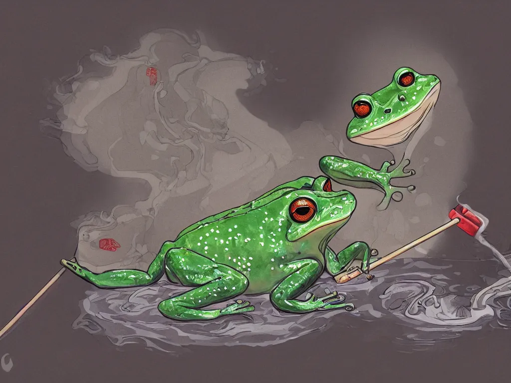 Prompt: a chinese frog in royal clothes bathing in a hot spring while smoking cigarette, digital painting, trending on artstation, deviantart, 8k, epic composition, intrinsic details, perfect coherence