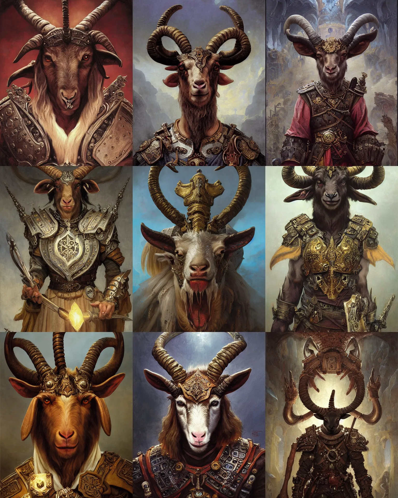 Prompt: symmetrical front view a detailed painting of an occult evil goat with hammer dressed with a leather armor, by justin gerard and greg rutkowski, dnd character art portrait, fantasy art, intricate fantasy painting, dramatic lighting, vivid colors, deviant art, artstation, by edgar maxence and caravaggio and michael whelan and delacroix.
