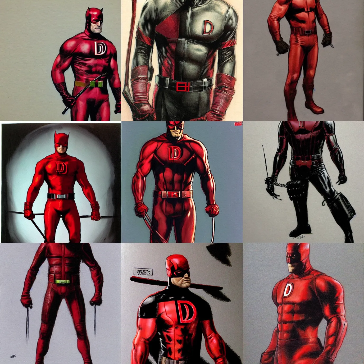 Prompt: daredevil concept art leather suit billy stick painted by travis charest