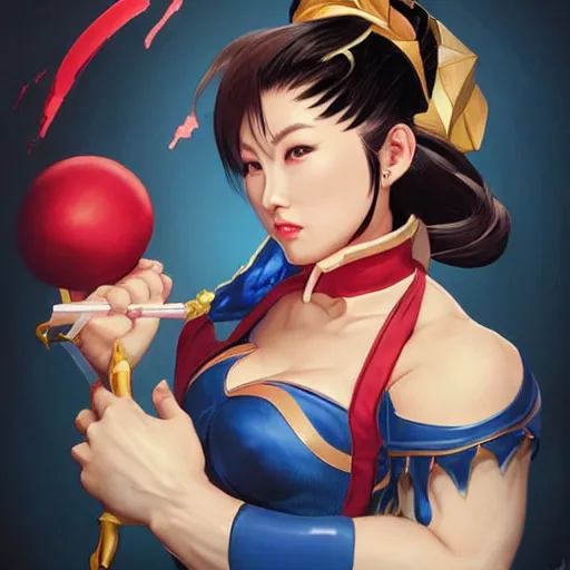 Prompt: portrait of Chun Li, League of Legend illustration by Sam Youn:3, profile picture by Gil Elvgren:3, asymmetrical, Organic Painting, Ambient Occlusion:3, Matte Painting, bold shapes, hard edges, street art, trending on artstation, realistic:2 by Sachin Teng:5