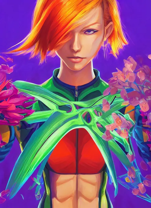 Image similar to symmetry!! samus surrounded by colorful plants, upper body face shot, long straight blonde hair, visible face : : portrait, painting, splash, jesper ejsing, by rhads, makoto shinkai and lois van baarle, ilya kuvshinov, ross tran, borderlands artworks in 4 k