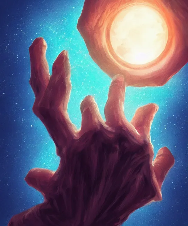 Image similar to a giant hand emerging from a portal in the sky, epic scale, in the art style of robbie trovino, artstation, instagram, sharp focus, digital illustration, crisp 8 k lineart, surrealism